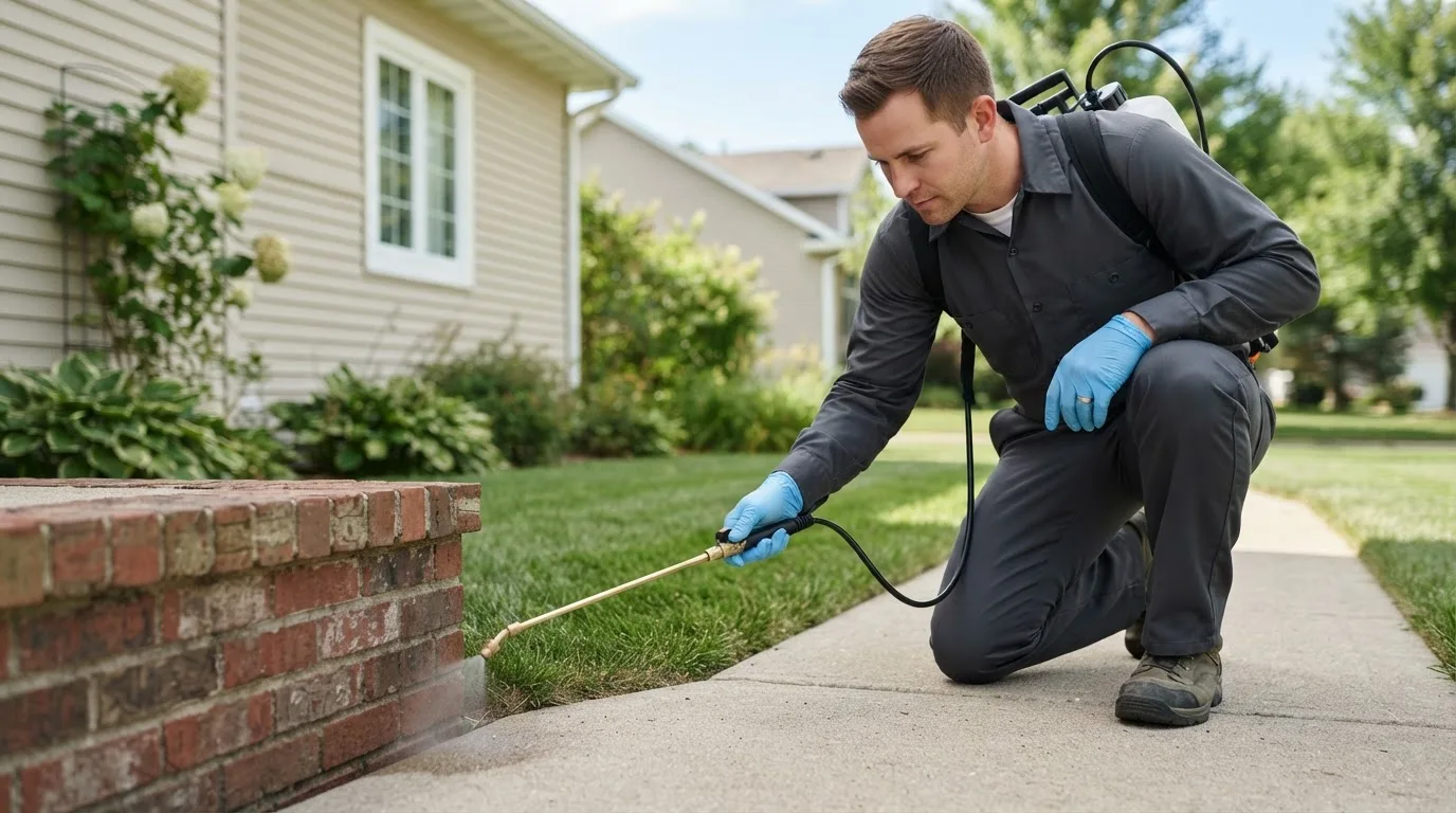 Pest control technician treating a home near South Boardman, MI
