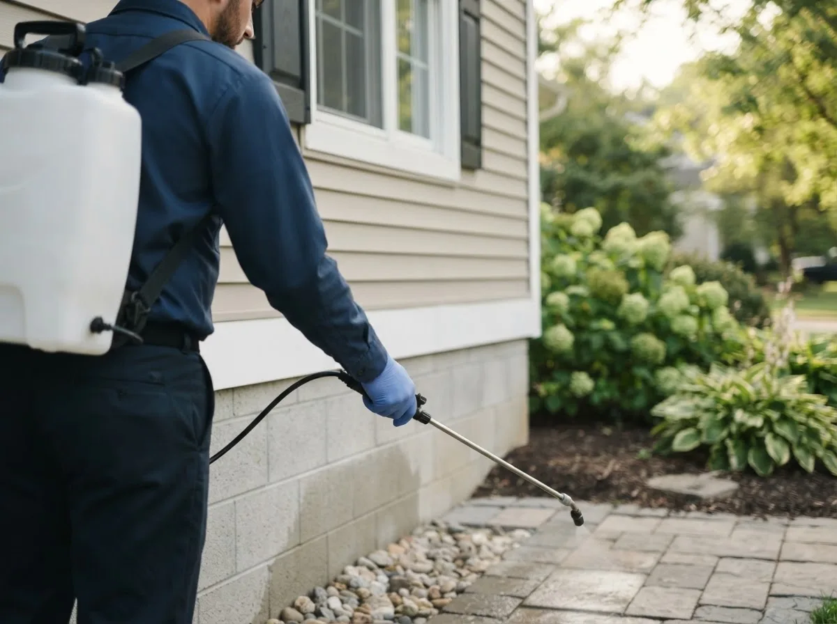 Pest control technician inspecting a home in South Boardman, MI